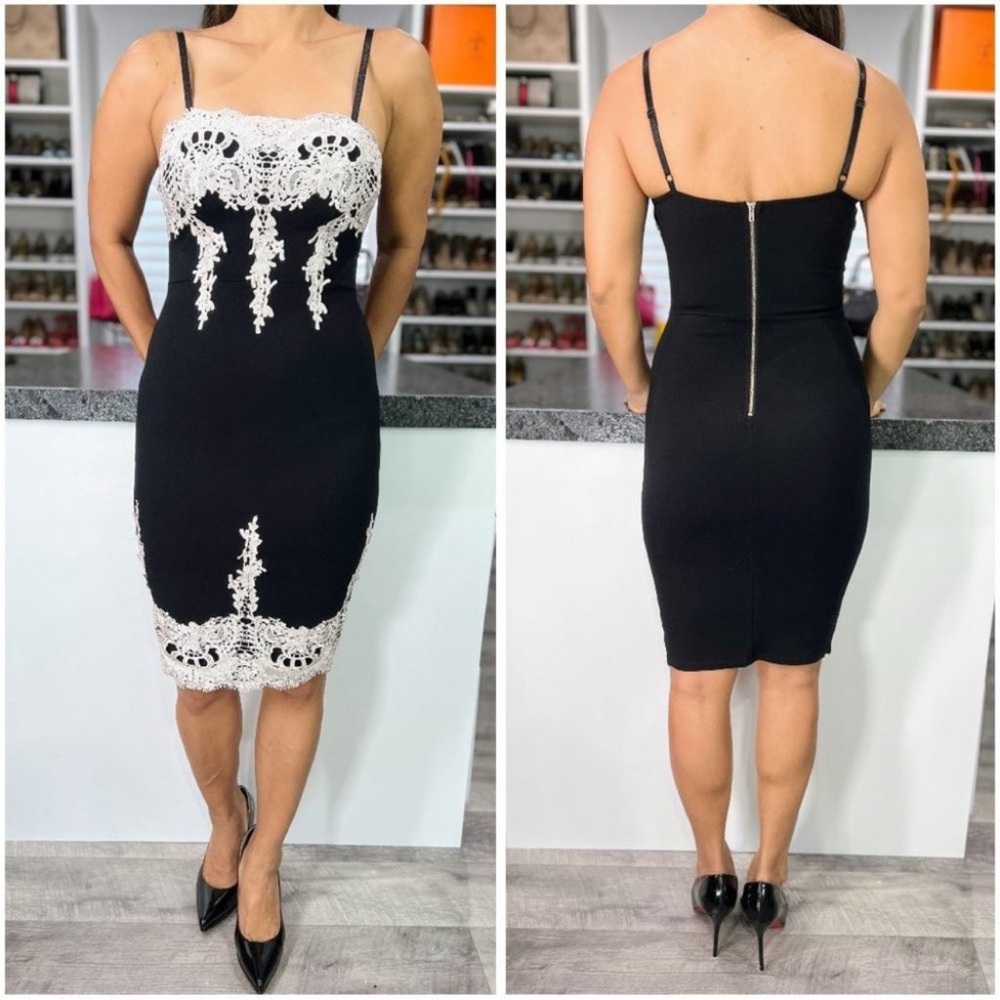 NWOT Elegant Black Dress with White Lace Detailing